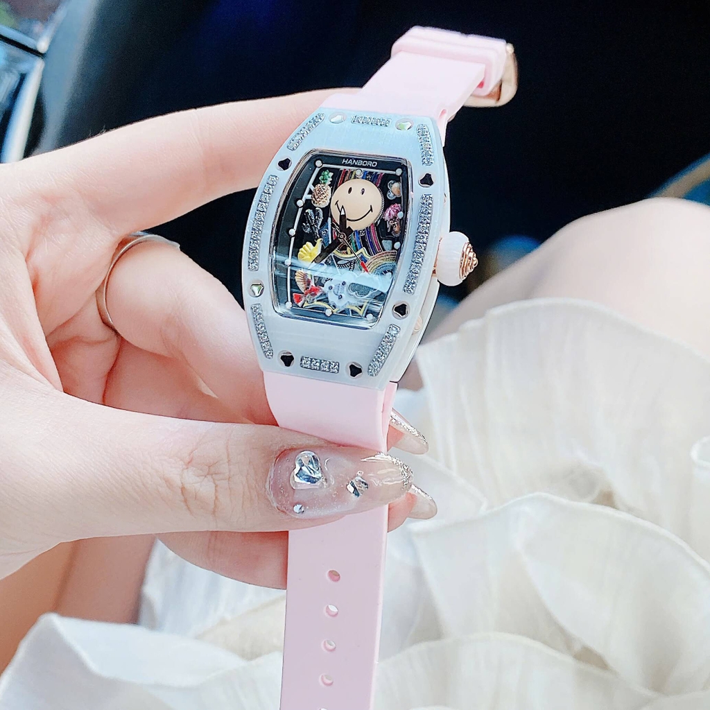 Đồng Hồ Nữ Hanboro Mặt Cười Dây Cao Su Hồng Chính Hãng Mặt Vỏ Đá Ceramic Size 36mm Quartz