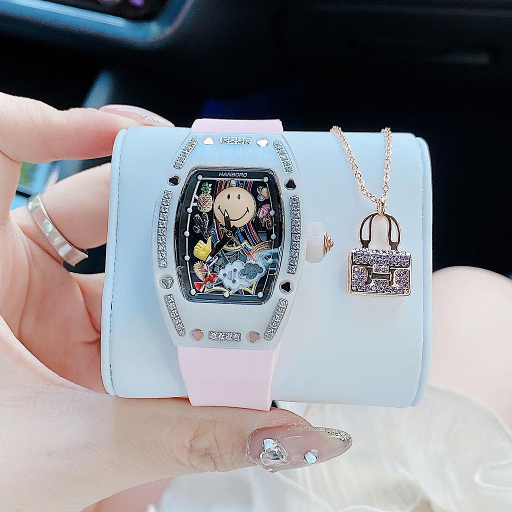 Đồng Hồ Nữ Hanboro Mặt Cười Dây Cao Su Hồng Chính Hãng Mặt Vỏ Đá Ceramic Size 36mm Quartz