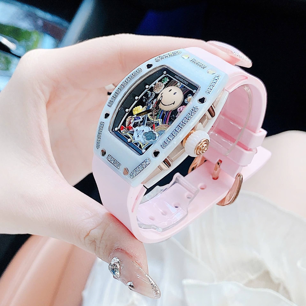 Đồng Hồ Nữ Hanboro Mặt Cười Dây Cao Su Hồng Chính Hãng Mặt Vỏ Đá Ceramic Size 36mm Quartz