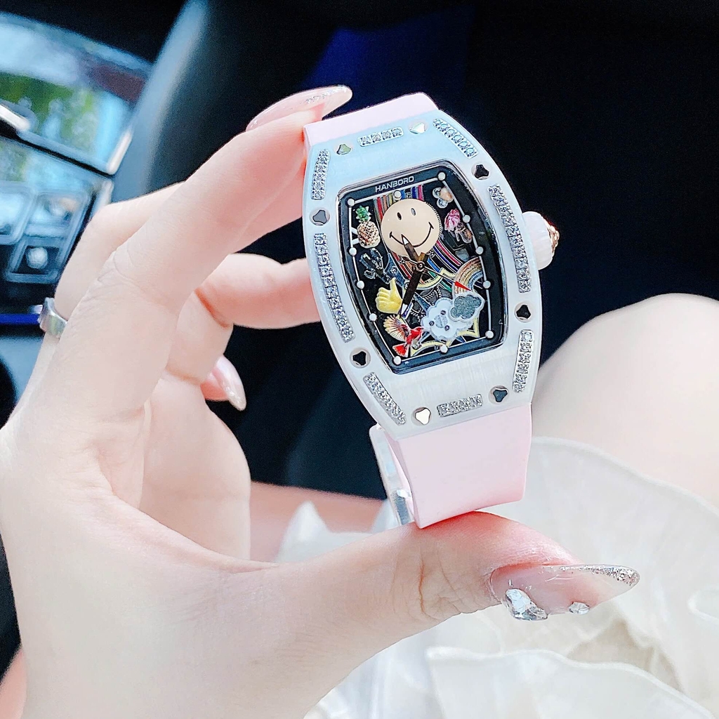Đồng Hồ Nữ Hanboro Mặt Cười Dây Cao Su Hồng Chính Hãng Mặt Vỏ Đá Ceramic Size 36mm Quartz