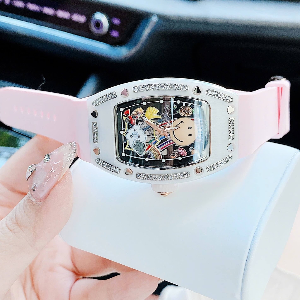 Đồng Hồ Nữ Hanboro Mặt Cười Dây Cao Su Hồng Chính Hãng Mặt Vỏ Đá Ceramic Size 36mm Quartz