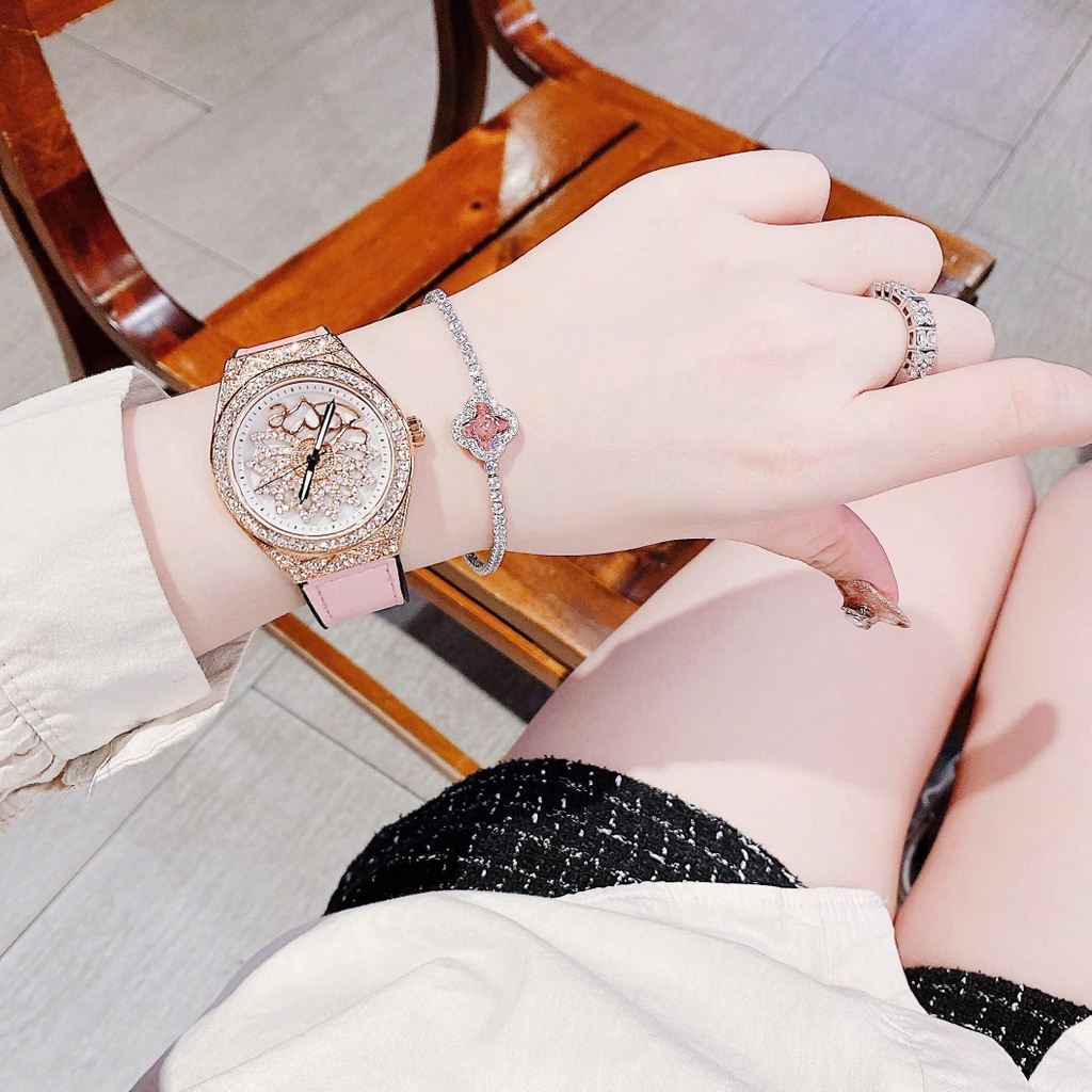 Đồng Hồ Nữ Hanboro Mặt Hoa Xoay Chính Hãng Dây Da Hồng Vỏ Rose Đính Đá Size 38mm Viền Đá Tặng Kèm Vòng Tay