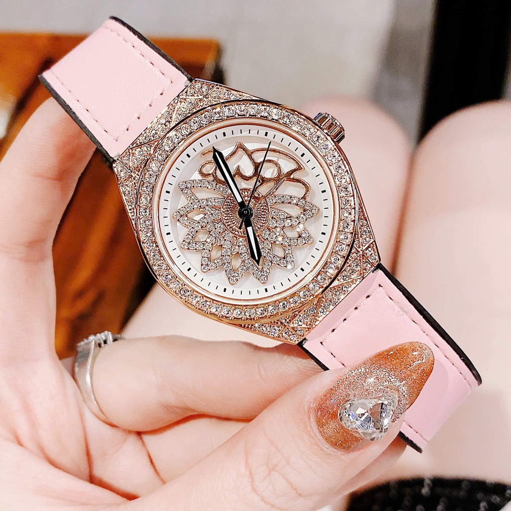Đồng Hồ Nữ Hanboro Mặt Hoa Xoay Chính Hãng Dây Da Hồng Vỏ Rose Đính Đá Size 38mm Viền Đá Tặng Kèm Vòng Tay