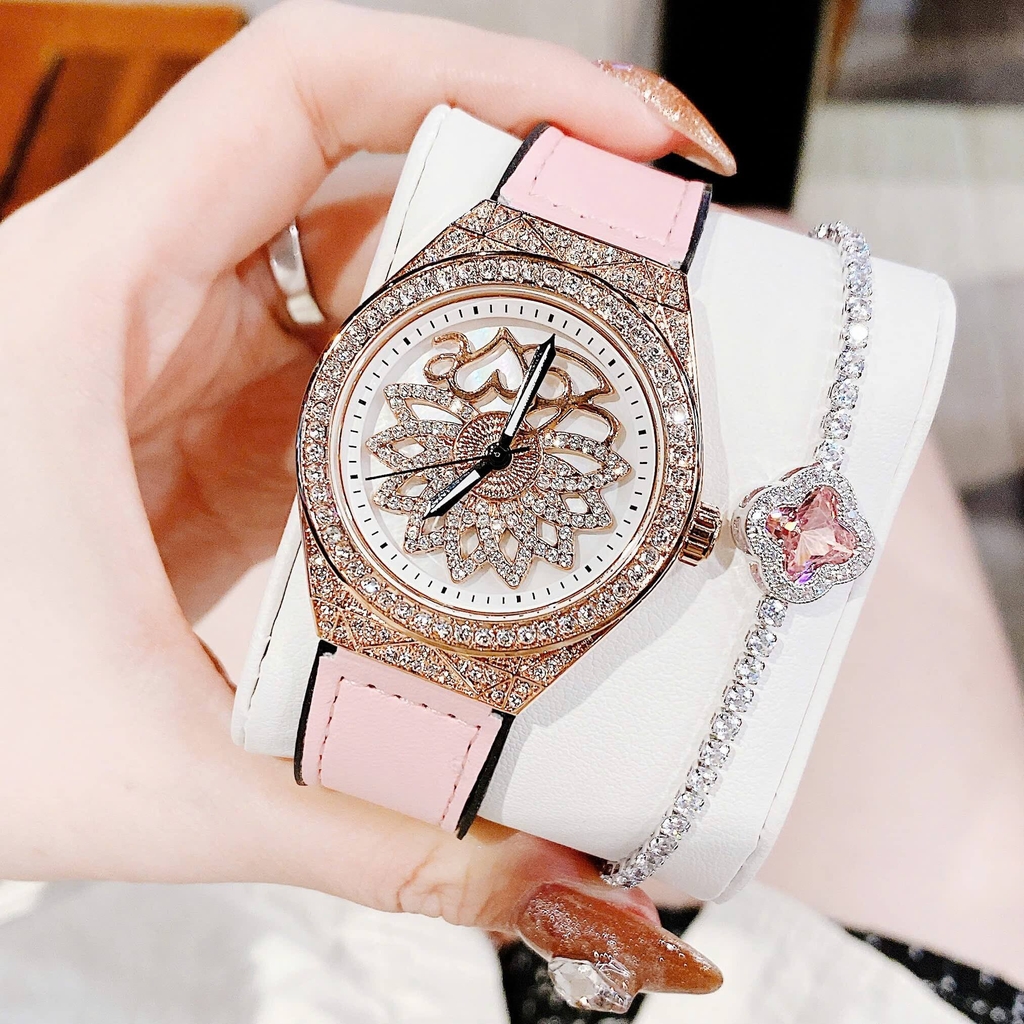 Đồng Hồ Nữ Hanboro Mặt Hoa Xoay Chính Hãng Dây Da Hồng Vỏ Rose Đính Đá Size 38mm Viền Đá Tặng Kèm Vòng Tay