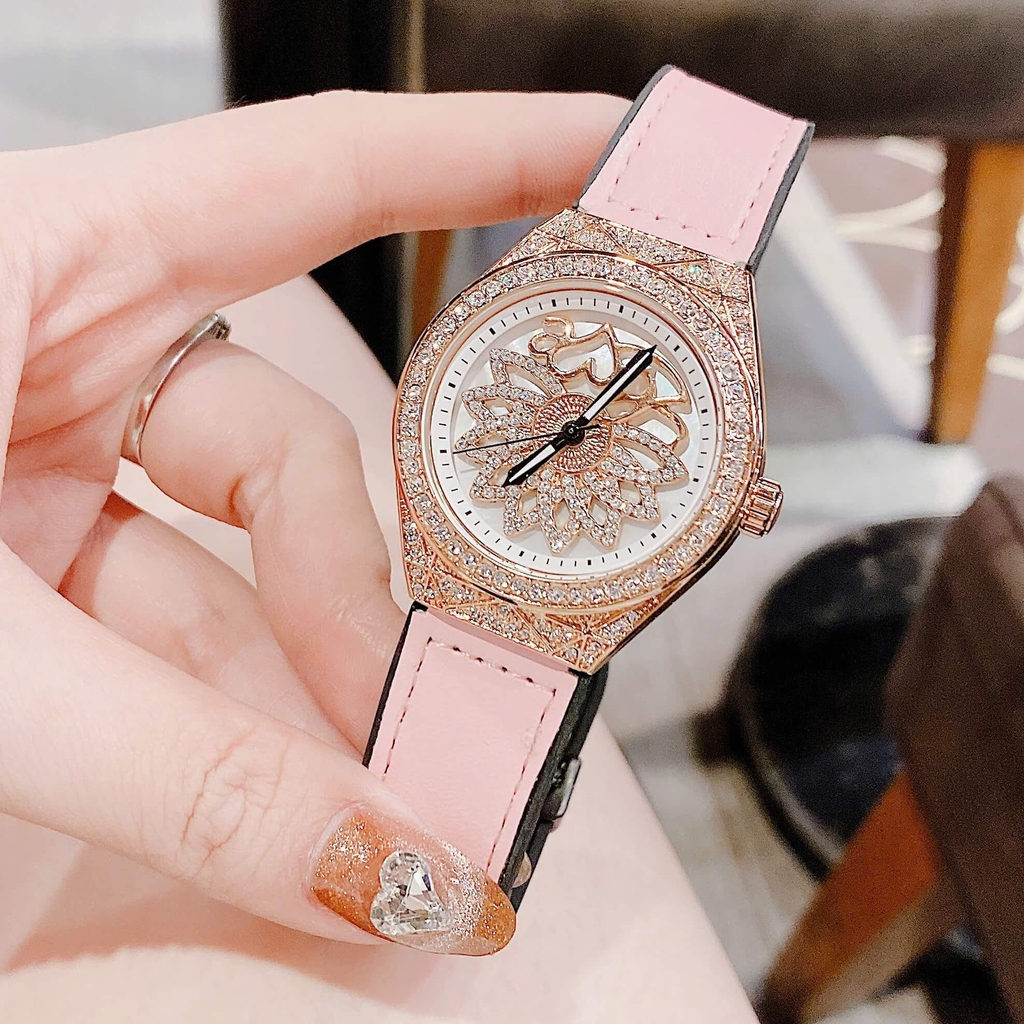 Đồng Hồ Nữ Hanboro Mặt Hoa Xoay Chính Hãng Dây Da Hồng Vỏ Rose Đính Đá Size 38mm Viền Đá Tặng Kèm Vòng Tay