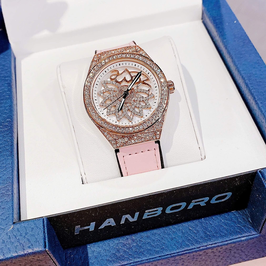 Đồng Hồ Nữ Hanboro Mặt Hoa Xoay Chính Hãng Dây Da Hồng Vỏ Rose Đính Đá Size 38mm Viền Đá Tặng Kèm Vòng Tay