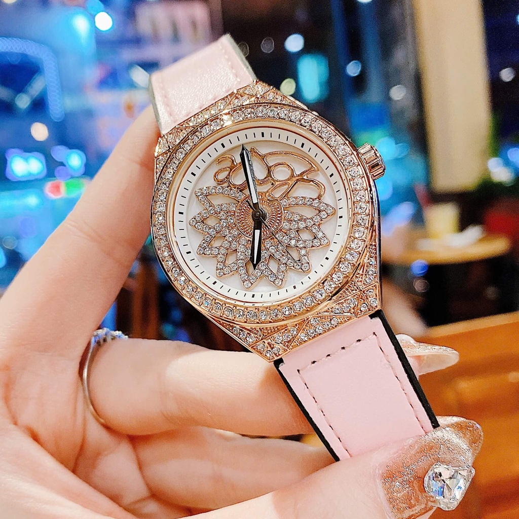 Đồng Hồ Nữ Hanboro Mặt Hoa Xoay Chính Hãng Dây Da Hồng Vỏ Rose Đính Đá Size 38mm Viền Đá Tặng Kèm Vòng Tay