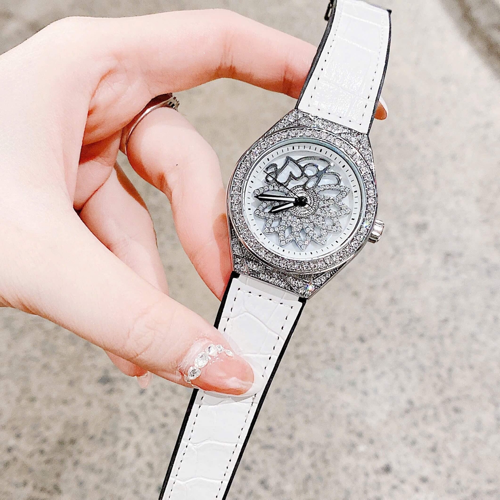 Đồng Hồ Nữ Hanboro Mặt Hoa Xoay Chính Hãng Dây Da Trắng Vỏ Bạc Đính Đá Size 38mm Viền Đá Tặng Kèm Vòng Tay