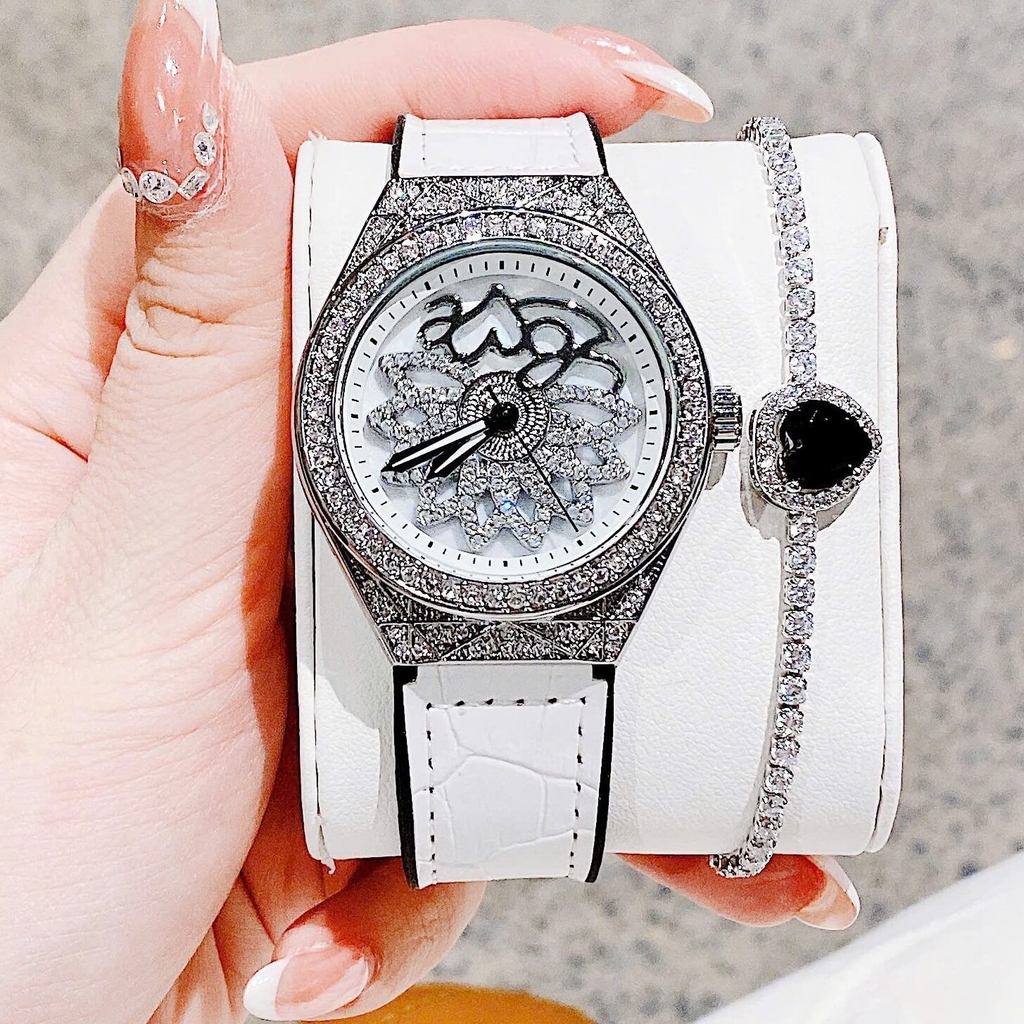 Đồng Hồ Nữ Hanboro Mặt Hoa Xoay Chính Hãng Dây Da Trắng Vỏ Bạc Đính Đá Size 38mm Viền Đá Tặng Kèm Vòng Tay