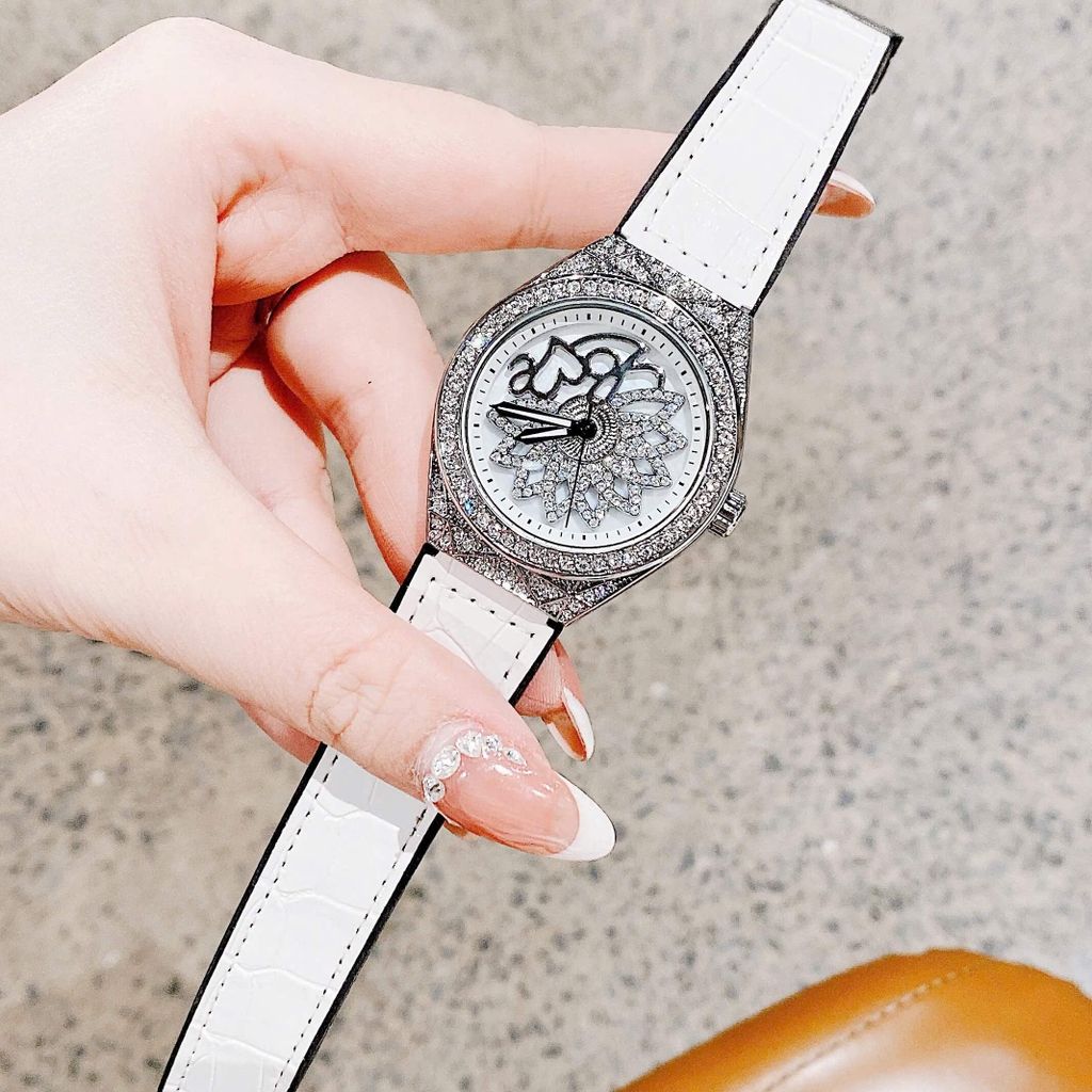Đồng Hồ Nữ Hanboro Mặt Hoa Xoay Chính Hãng Dây Da Trắng Vỏ Bạc Đính Đá Size 38mm Viền Đá Tặng Kèm Vòng Tay