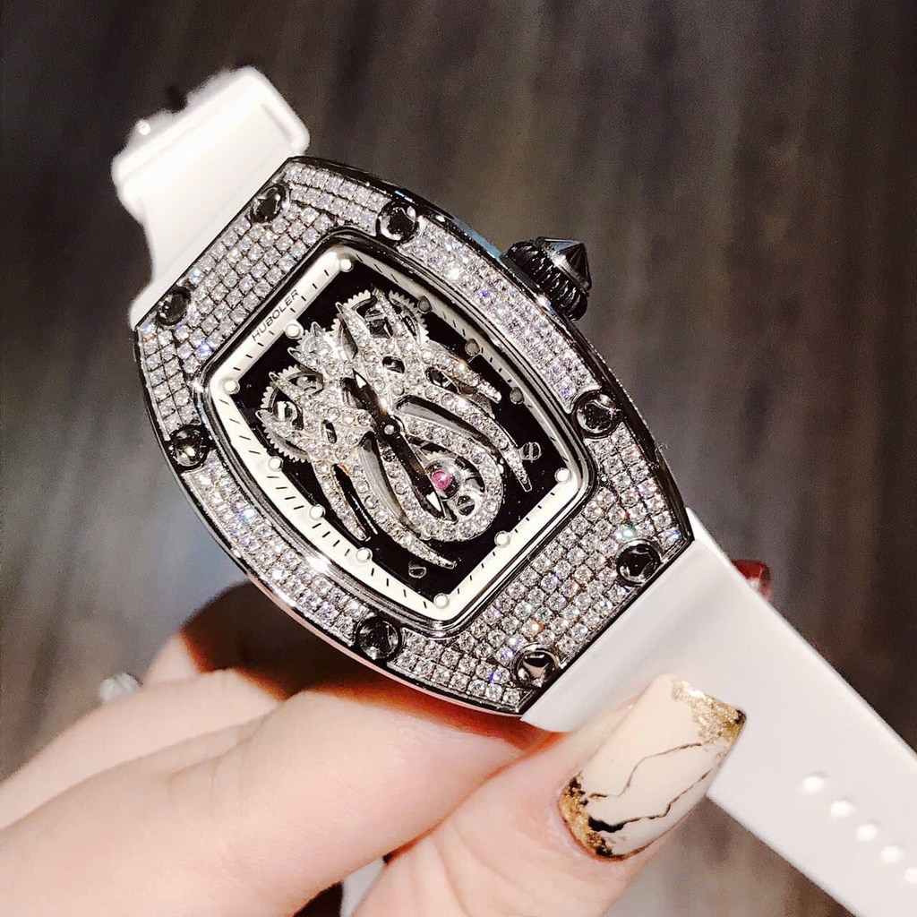 Đồng Hồ Nữ Hanboro Mặt Nhện Dây Cao Su Trắng Chính Hãng Đính Đá Silver Size 31x44mm Quartz
