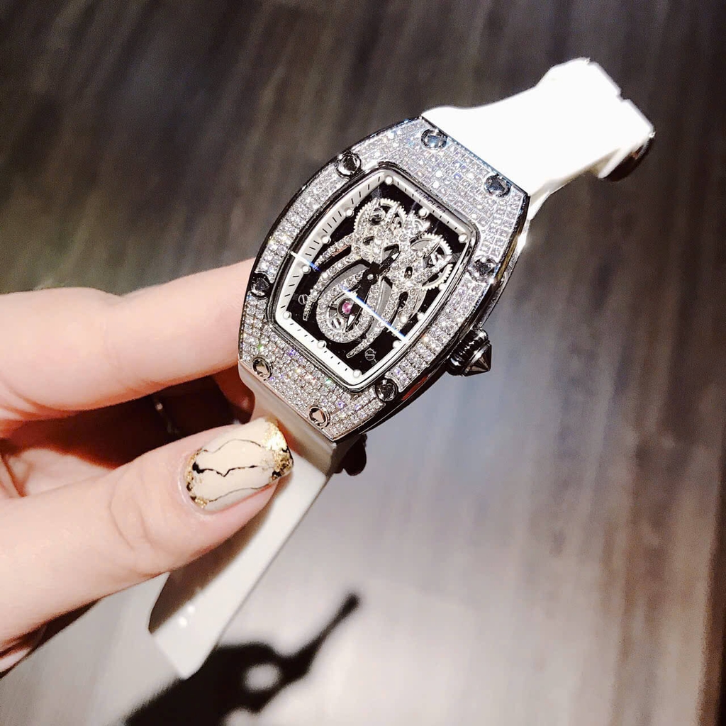 Đồng Hồ Nữ Hanboro Mặt Nhện Dây Cao Su Trắng Chính Hãng Đính Đá Silver Size 31x44mm Quartz