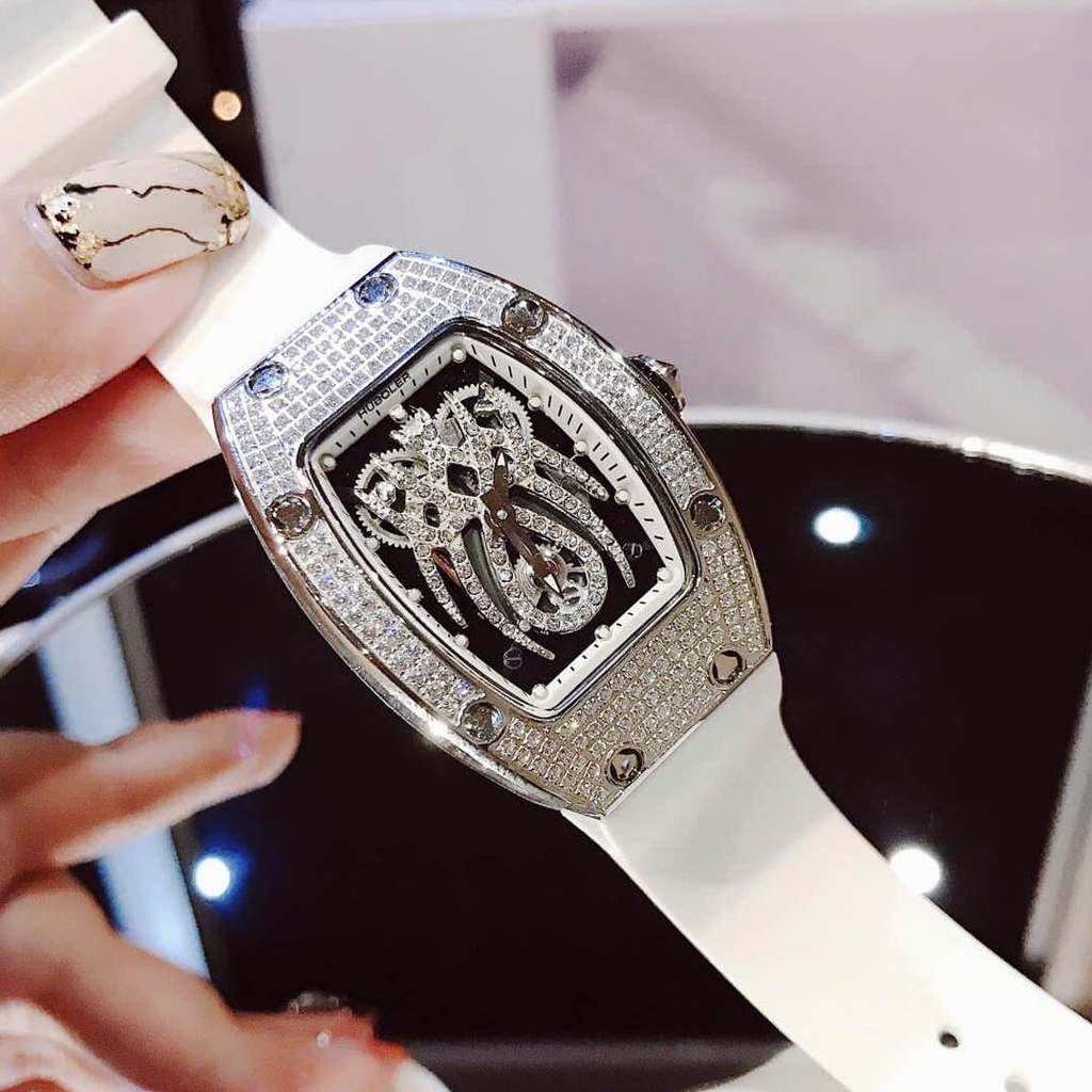 Đồng Hồ Nữ Hanboro Mặt Nhện Dây Cao Su Trắng Chính Hãng Đính Đá Silver Size 31x44mm Quartz