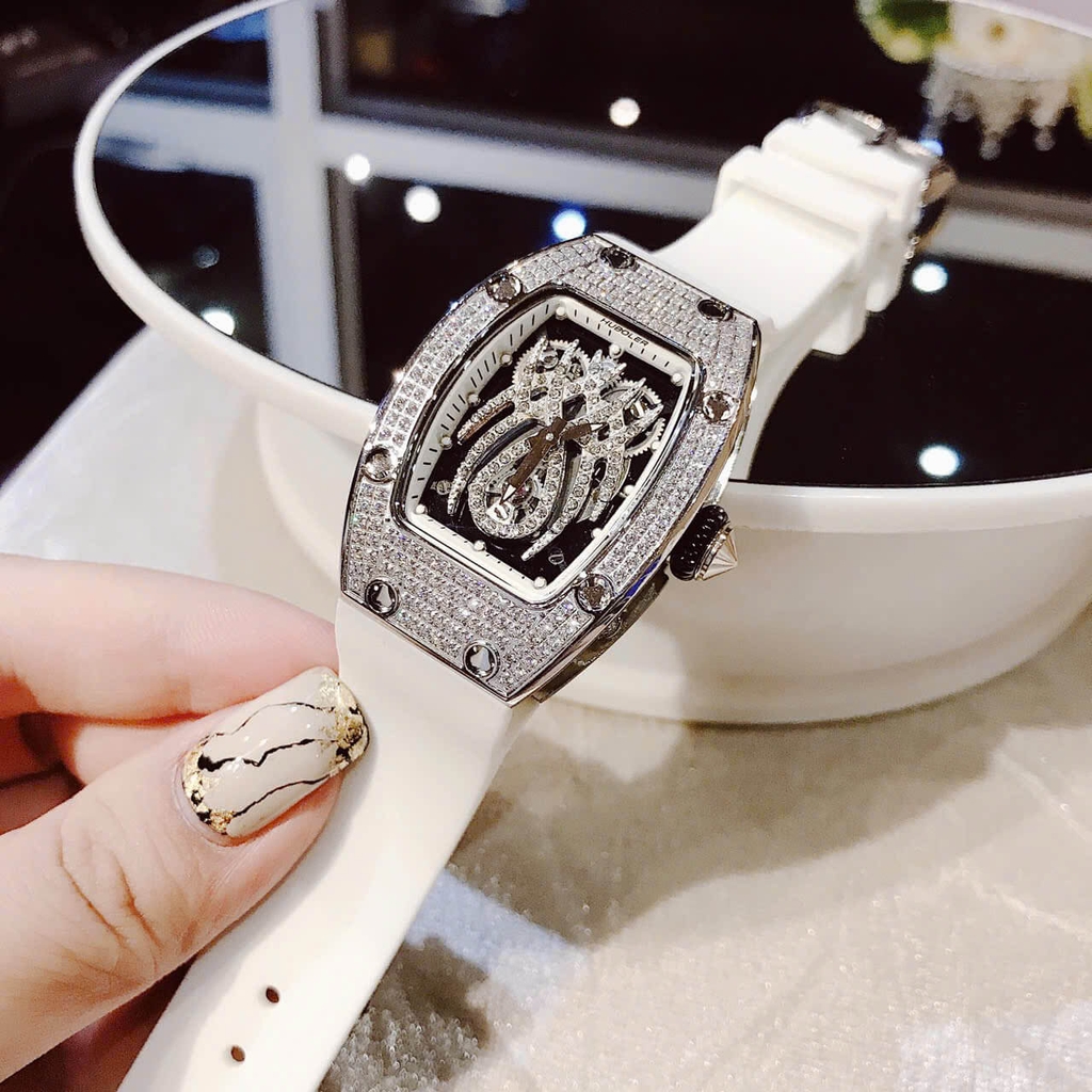 Đồng Hồ Nữ Hanboro Mặt Nhện Dây Cao Su Trắng Chính Hãng Đính Đá Silver Size 31x44mm Quartz