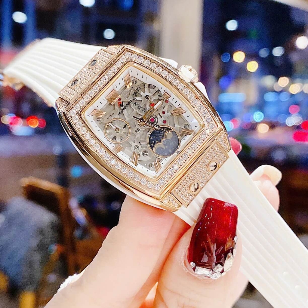 Đồng Hồ Nữ Hanboro Moonphase Chính Hãng Dây Cao Su Trắng Đính Đá Rose Size 36mm Quartz