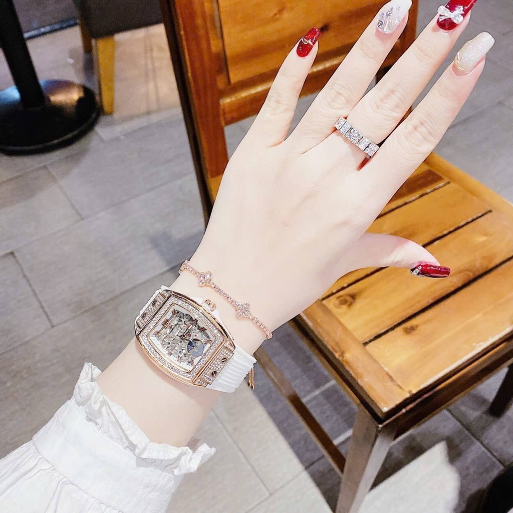 Đồng Hồ Nữ Hanboro Moonphase Chính Hãng Dây Cao Su Trắng Đính Đá Rose Size 36mm Quartz