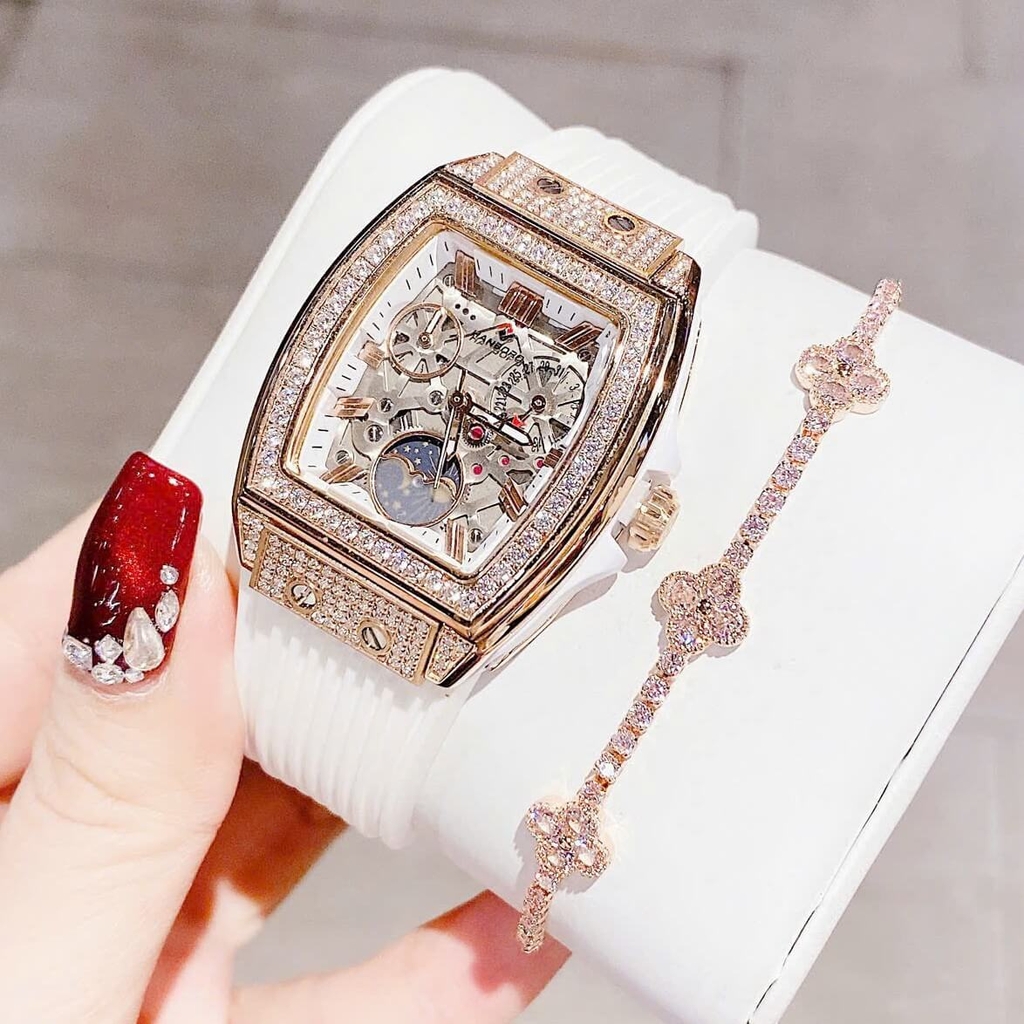 Đồng Hồ Nữ Hanboro Moonphase Chính Hãng Dây Cao Su Trắng Đính Đá Rose Size 36mm Quartz