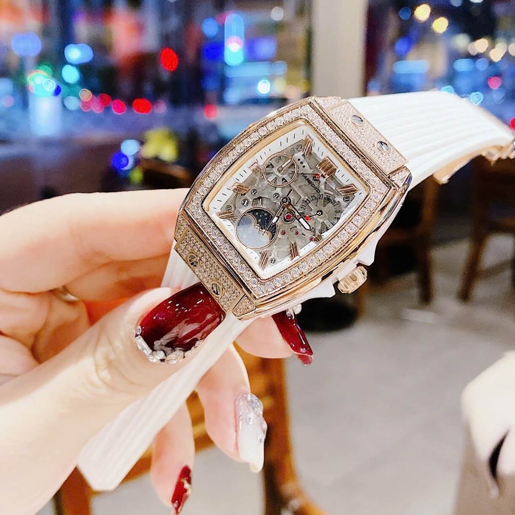 Đồng Hồ Nữ Hanboro Moonphase Chính Hãng Dây Cao Su Trắng Đính Đá Rose Size 36mm Quartz