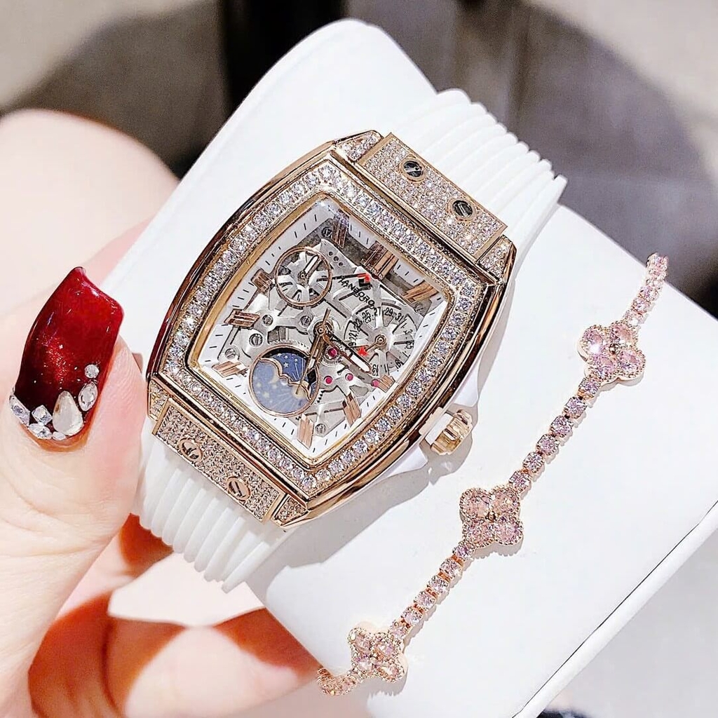Đồng Hồ Nữ Hanboro Moonphase Chính Hãng Dây Cao Su Trắng Đính Đá Rose Size 36mm Quartz