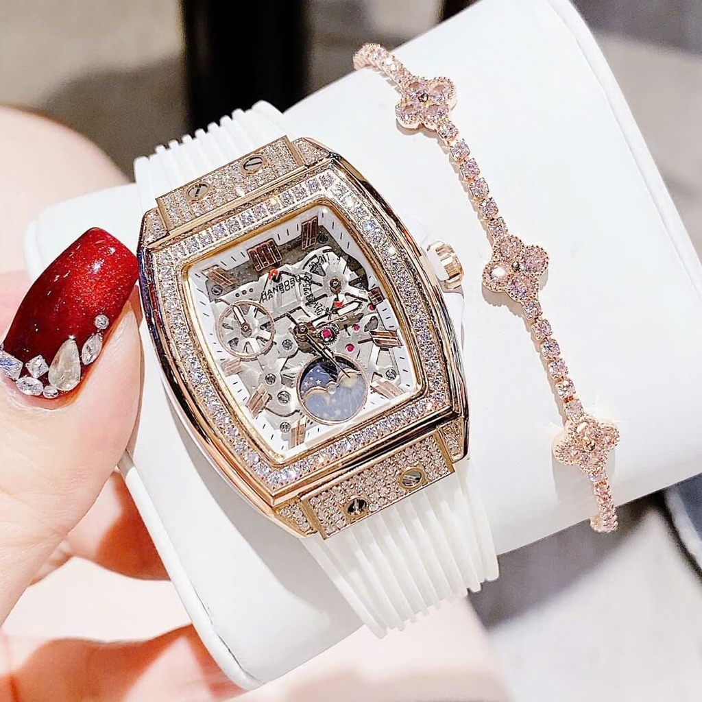 Đồng Hồ Nữ Hanboro Moonphase Chính Hãng Dây Cao Su Trắng Đính Đá Rose Size 36mm Quartz