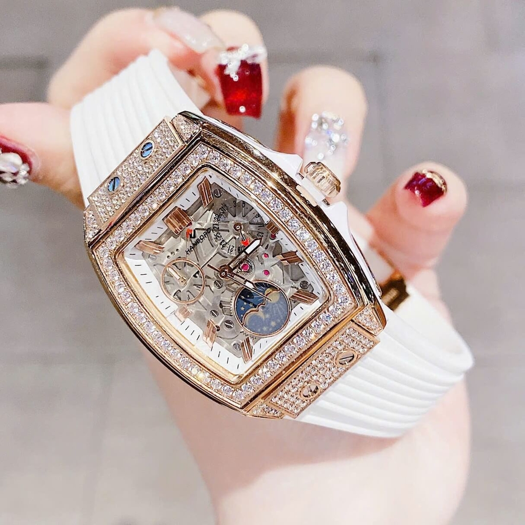 Đồng Hồ Nữ Hanboro Moonphase Chính Hãng Dây Cao Su Trắng Đính Đá Rose Size 36mm Quartz
