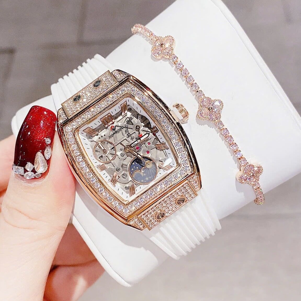 Đồng Hồ Nữ Hanboro Moonphase Chính Hãng Dây Cao Su Trắng Đính Đá Rose Size 36mm Quartz