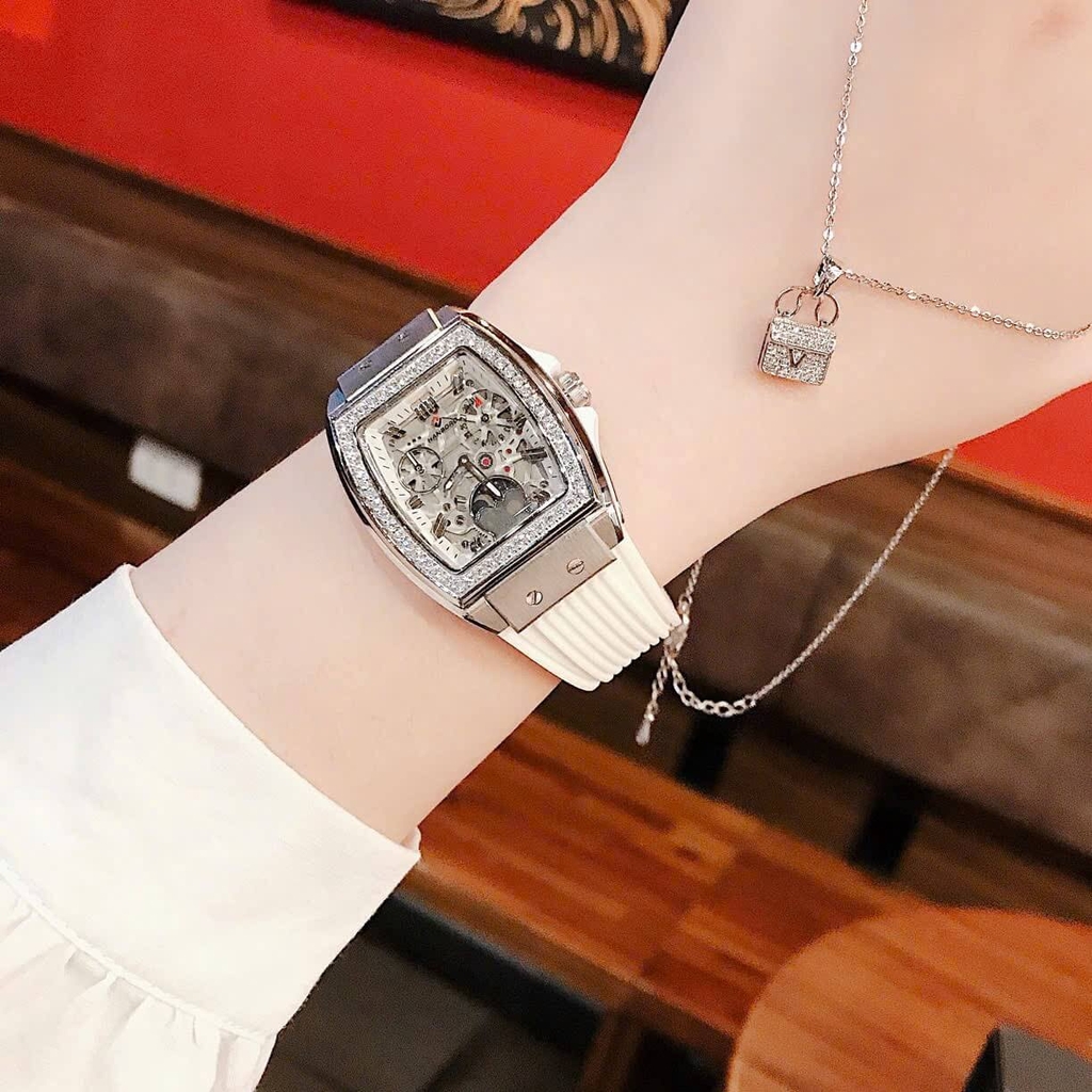 Đồng Hồ Nữ Hanboro Moonphase Chính Hãng Dây Cao Su Trắng Đính Đá Silver Size 36mm Quartz