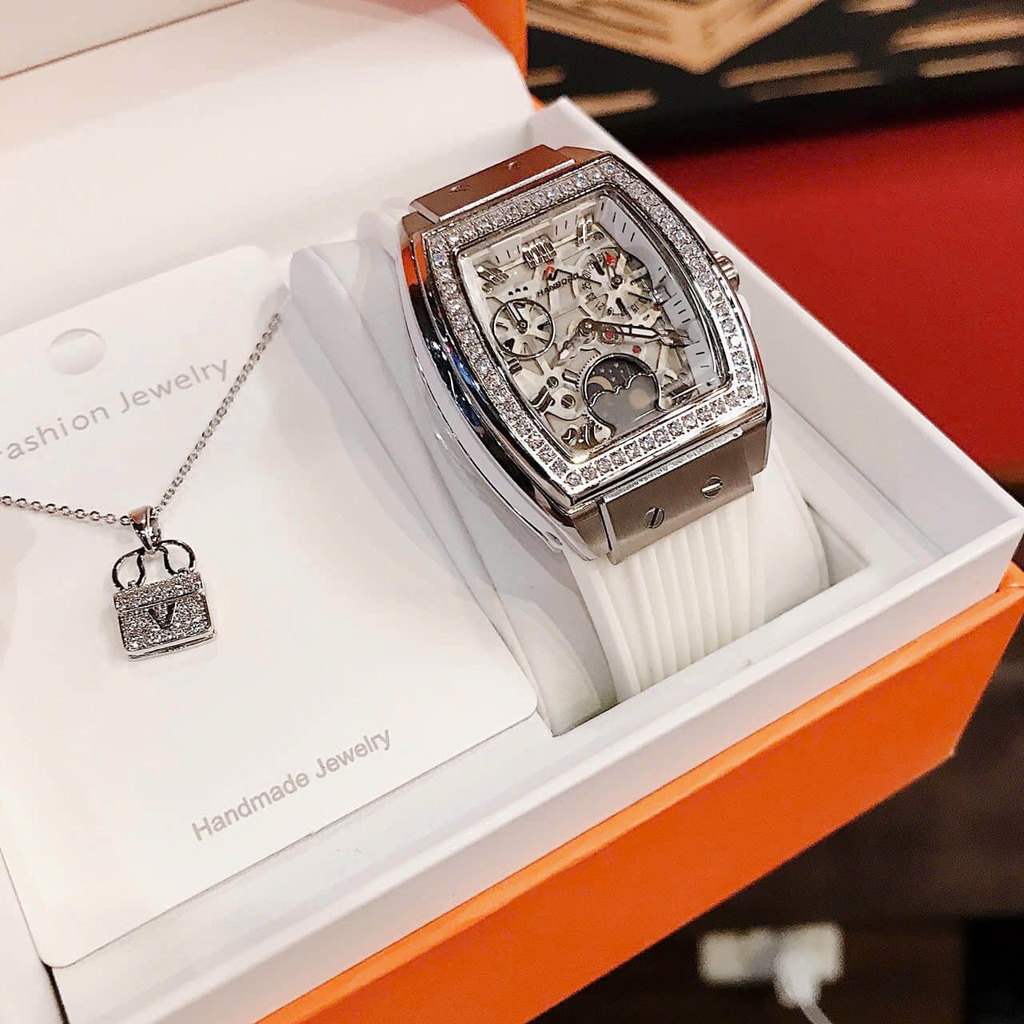 Đồng Hồ Nữ Hanboro Moonphase Chính Hãng Dây Cao Su Trắng Đính Đá Silver Size 36mm Quartz