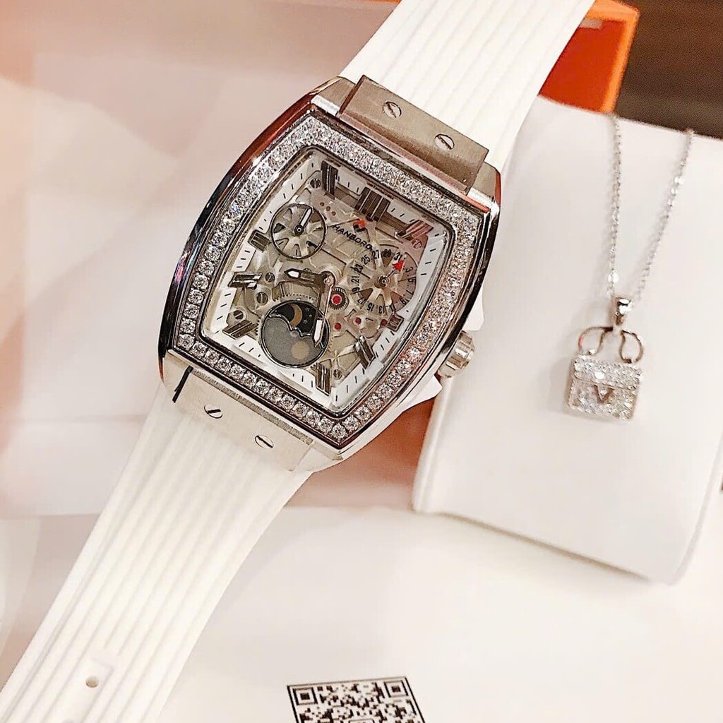 Đồng Hồ Nữ Hanboro Moonphase Chính Hãng Dây Cao Su Trắng Đính Đá Silver Size 36mm Quartz