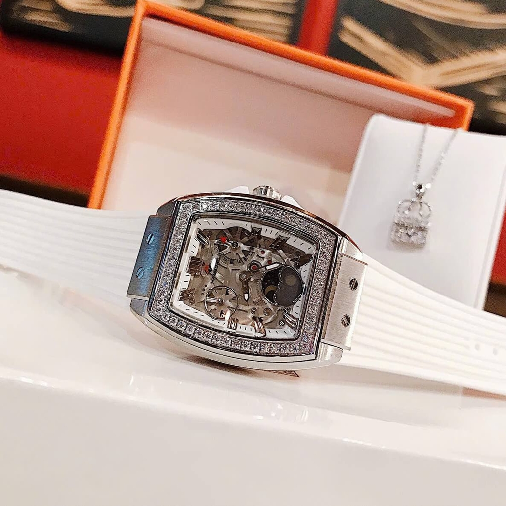 Đồng Hồ Nữ Hanboro Moonphase Chính Hãng Dây Cao Su Trắng Đính Đá Silver Size 36mm Quartz