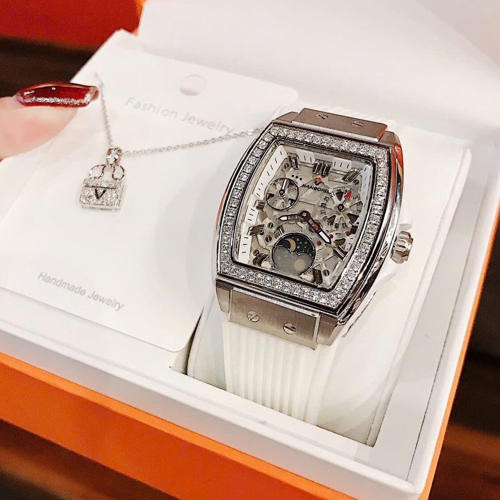 Đồng Hồ Nữ Hanboro Moonphase Chính Hãng Dây Cao Su Trắng Đính Đá Silver Size 36mm Quartz