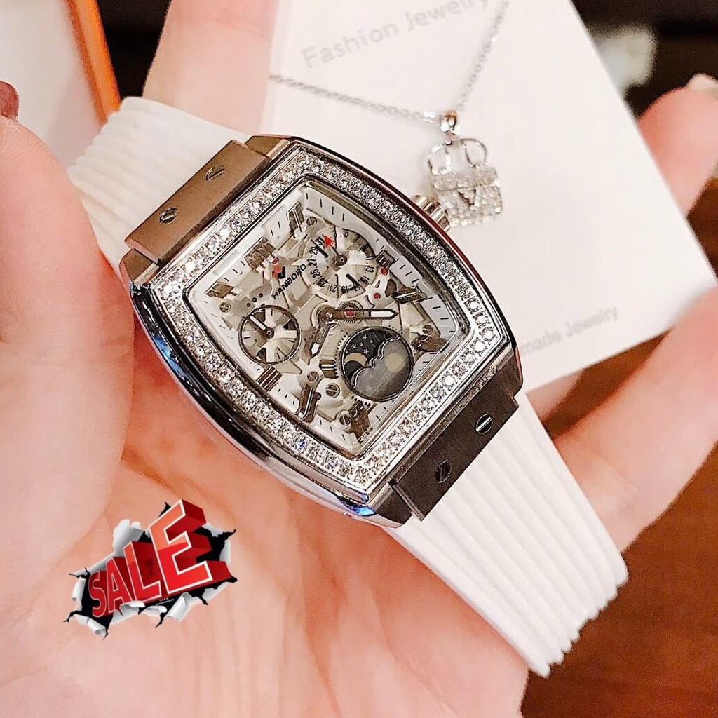 Đồng Hồ Nữ Hanboro Moonphase Chính Hãng Dây Cao Su Trắng Đính Đá Silver Size 36mm Quartz