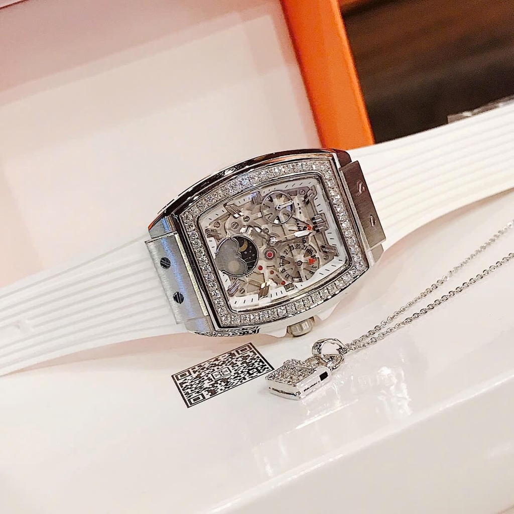 Đồng Hồ Nữ Hanboro Moonphase Chính Hãng Dây Cao Su Trắng Đính Đá Silver Size 36mm Quartz