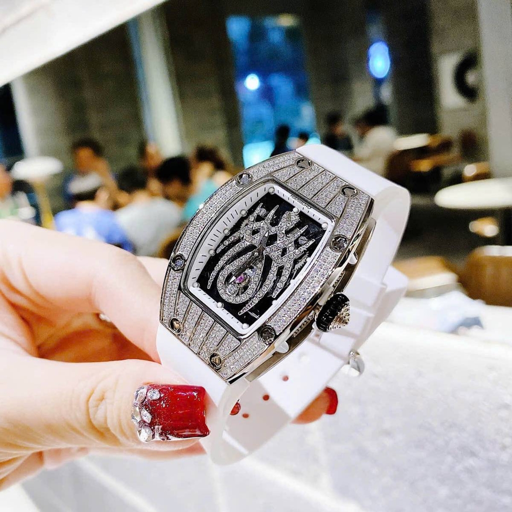 Đồng Hồ Nữ Hanboro Nhện Đính Đá Dây Cao Su Trắng Vỏ Silver Size 31x44mm Quartz Tặng Kèm Lắc Tay