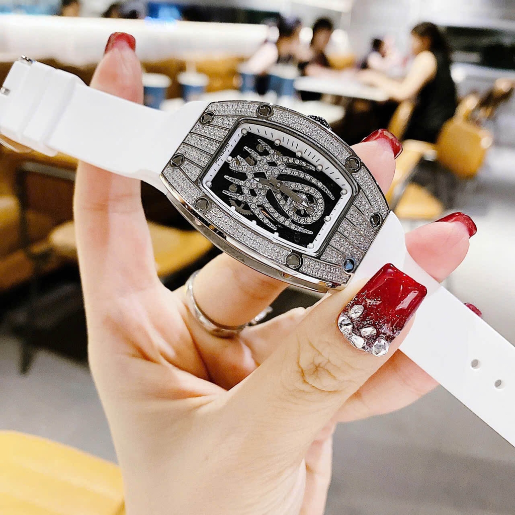 Đồng Hồ Nữ Hanboro Nhện Đính Đá Dây Cao Su Trắng Vỏ Silver Size 31x44mm Quartz Tặng Kèm Lắc Tay