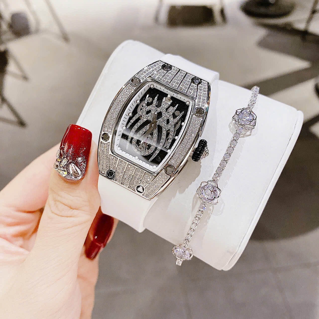 Đồng Hồ Nữ Hanboro Nhện Đính Đá Dây Cao Su Trắng Vỏ Silver Size 31x44mm Quartz Tặng Kèm Lắc Tay