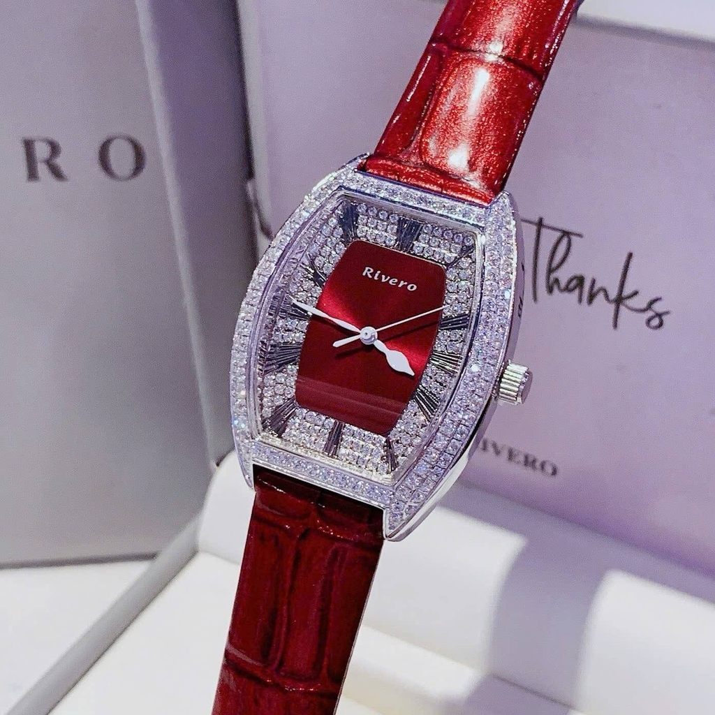 Đồng Hồ Nữ Rivero R9007 Dây Da Đỏ Đính Đá Mặt Oval Size 34mm Vỏ Thép Silver Quartz