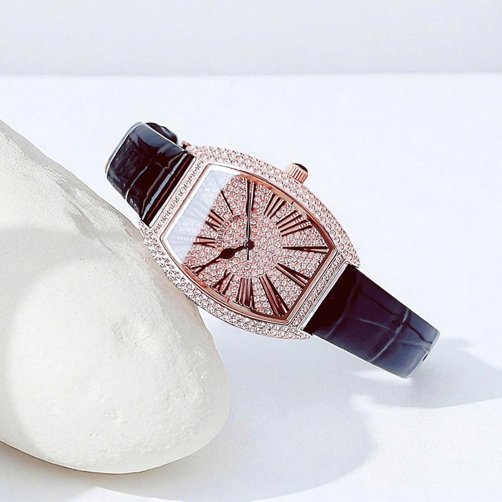 Đồng Hồ Nữ Robero Era Dây Da Đen Chính Hãng Vỏ Rose Size 30x36mm Quartz