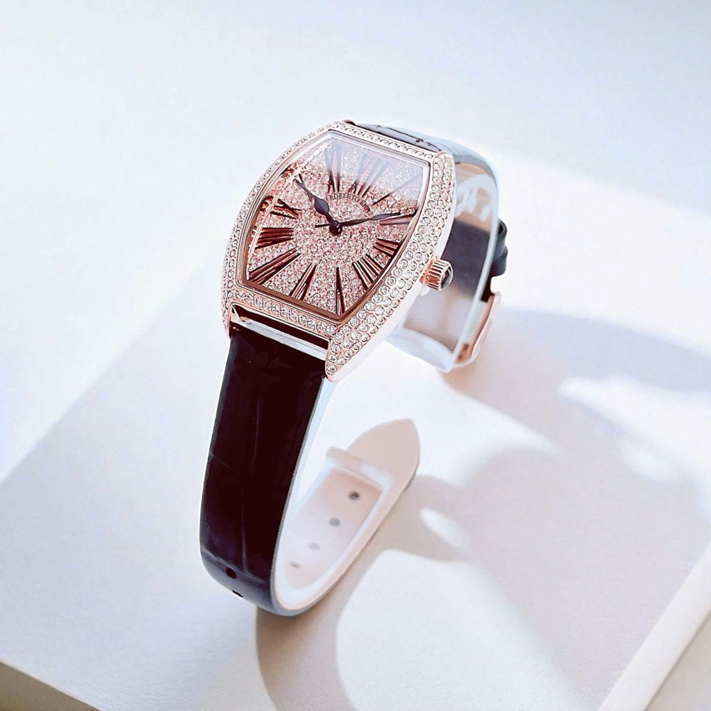 Đồng Hồ Nữ Robero Era Dây Da Đen Chính Hãng Vỏ Rose Size 30x36mm Quartz