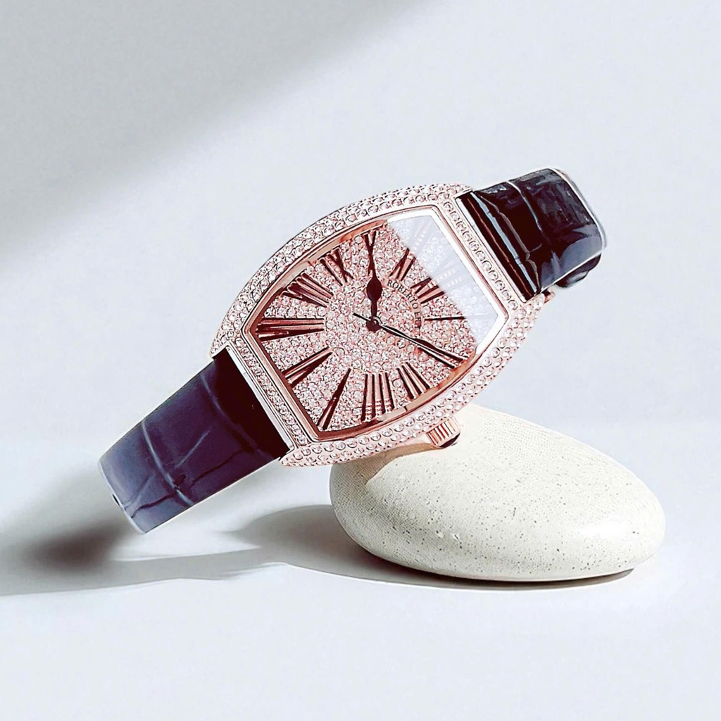 Đồng Hồ Nữ Robero Era Dây Da Đen Chính Hãng Vỏ Rose Size 30x36mm Quartz