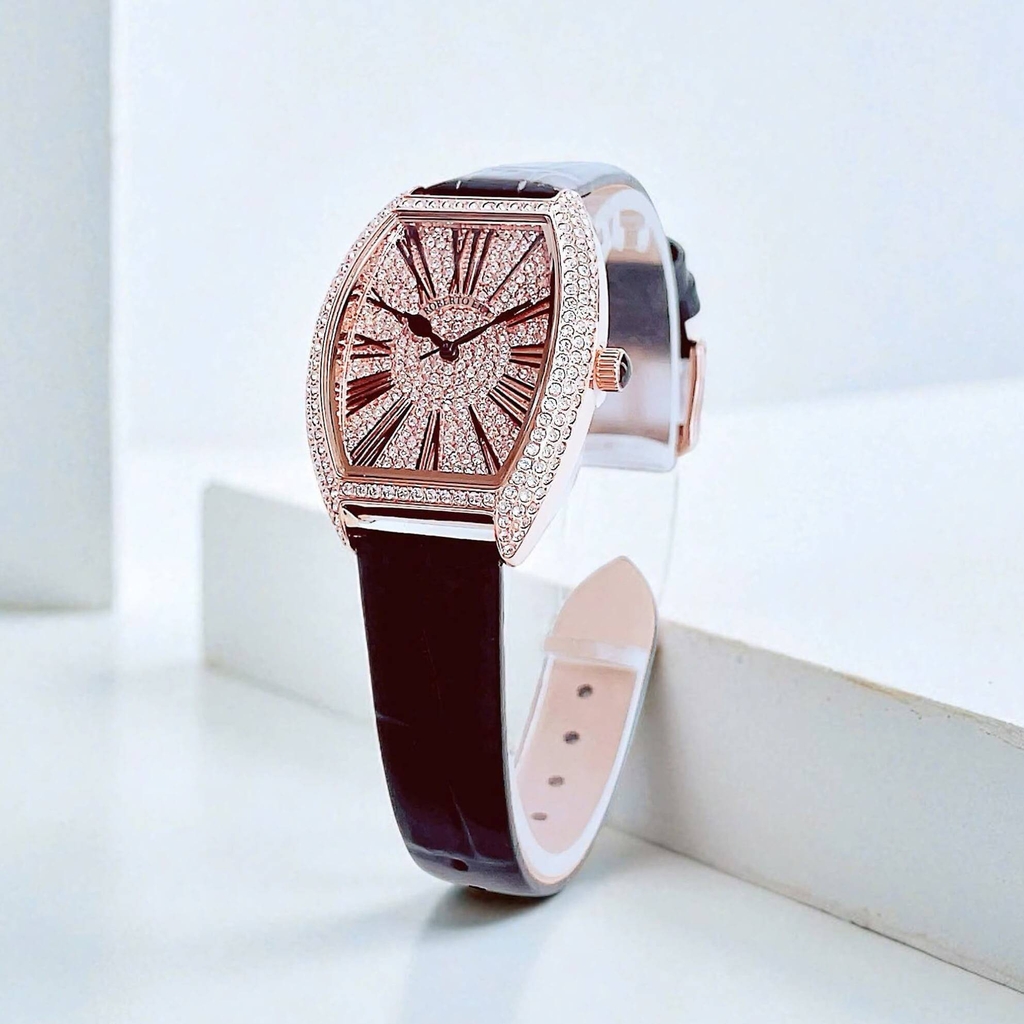 Đồng Hồ Nữ Robero Era Dây Da Đen Chính Hãng Vỏ Rose Size 30x36mm Quartz