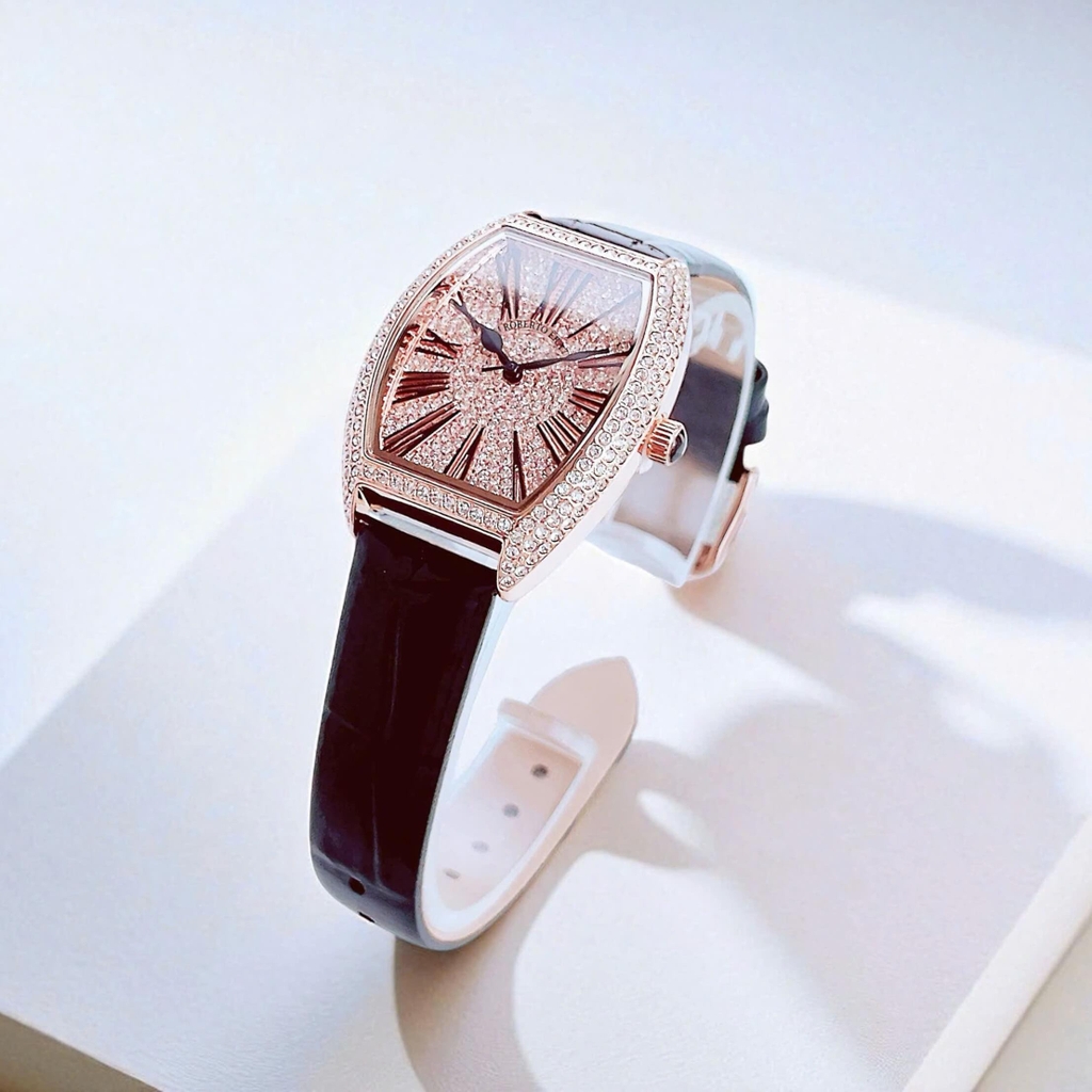 Đồng Hồ Nữ Robero Era Dây Da Đen Chính Hãng Vỏ Rose Size 30x36mm Quartz