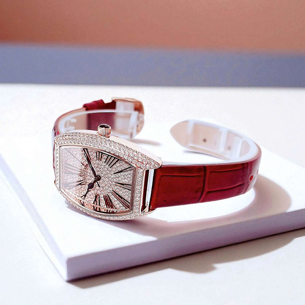 Đồng Hồ Nữ Robero Era Dây Da Đỏ Chính Hãng Vỏ Rose Size 30x36mm Quartz