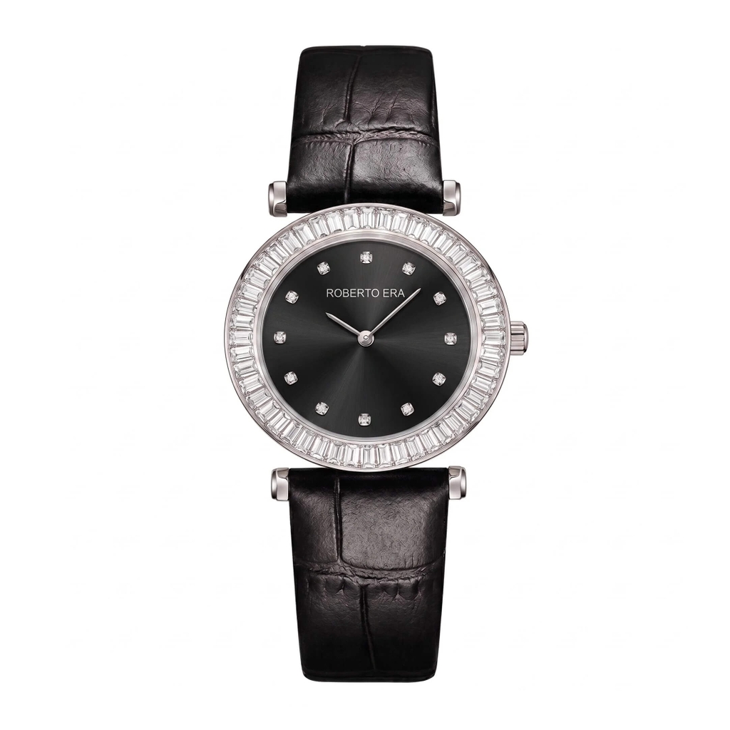 Đồng Hồ Nữ Roberto Era Chính Hãng Dây Da Đen Mặt Đen Đính Đá Silver Size 33mm RE1802