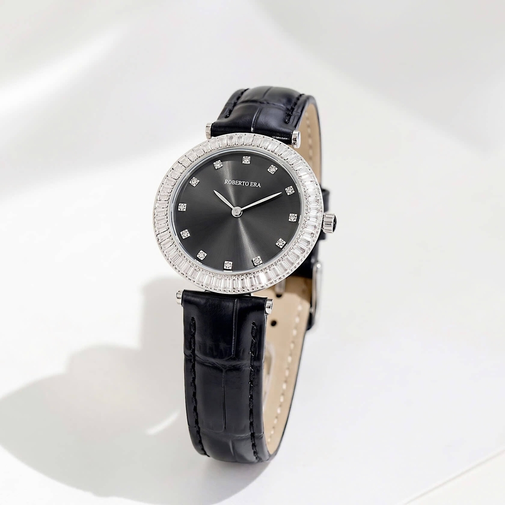 Đồng Hồ Nữ Roberto Era Chính Hãng Dây Da Đen Mặt Đen Đính Đá Silver Size 33mm RE1802