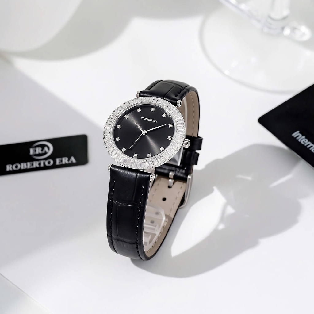 Đồng Hồ Nữ Roberto Era Chính Hãng Dây Da Đen Mặt Đen Đính Đá Silver Size 33mm RE1802