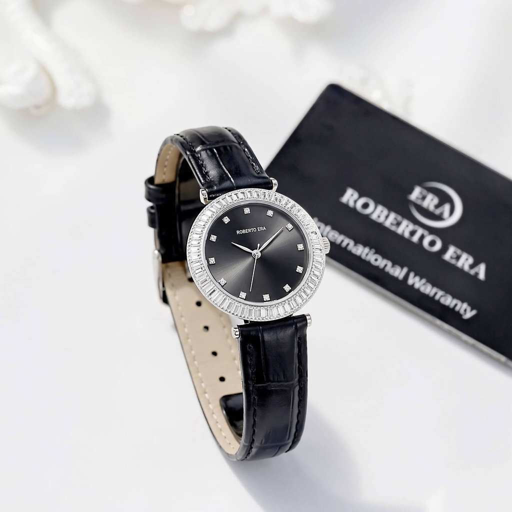Đồng Hồ Nữ Roberto Era Chính Hãng Dây Da Đen Mặt Đen Đính Đá Silver Size 33mm RE1802