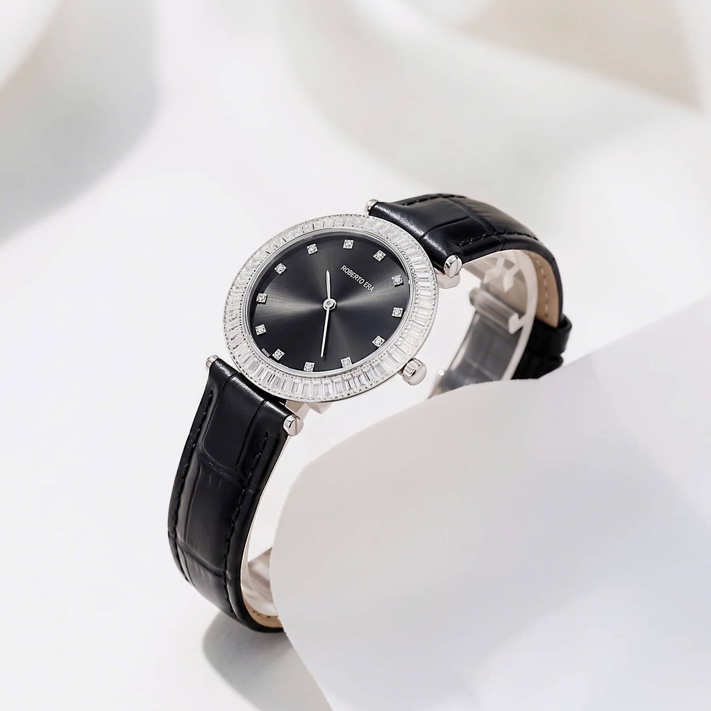 Đồng Hồ Nữ Roberto Era Chính Hãng Dây Da Đen Mặt Đen Đính Đá Silver Size 33mm RE1802