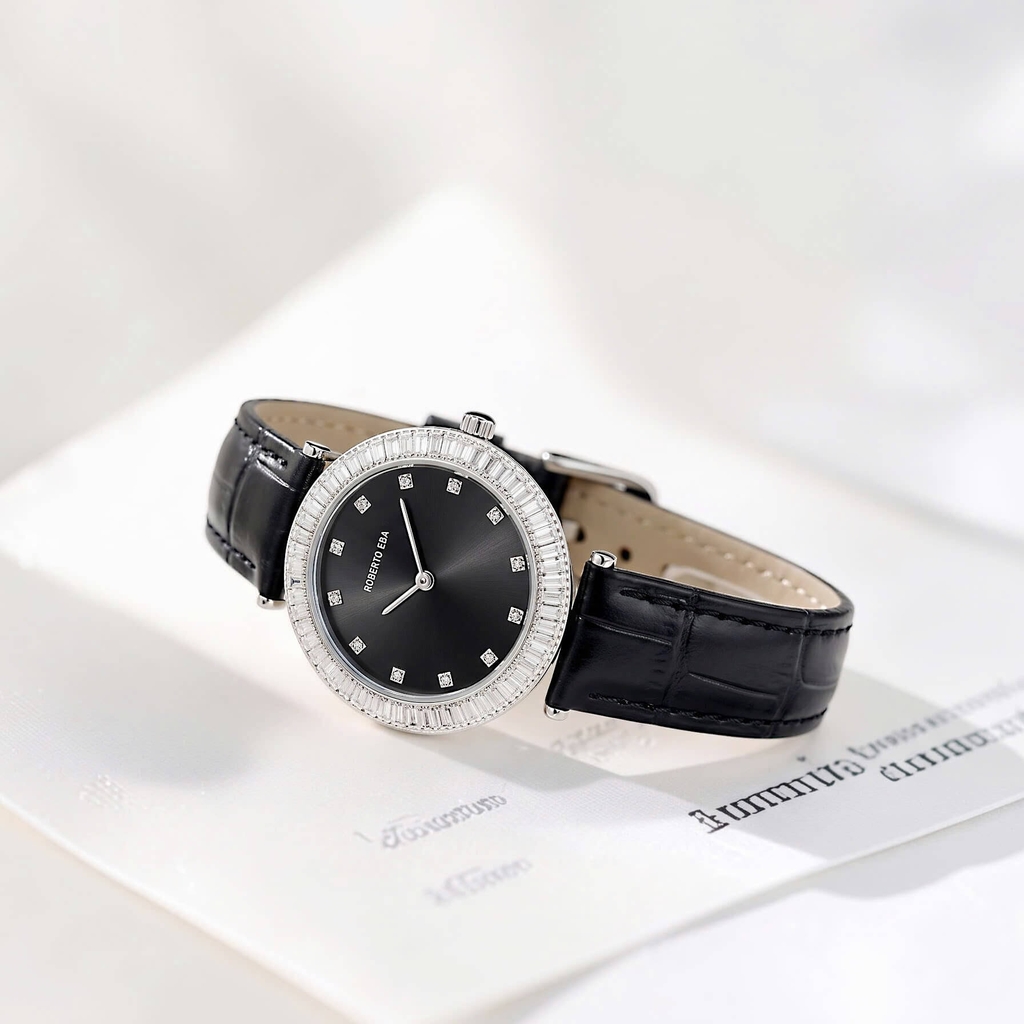 Đồng Hồ Nữ Roberto Era Chính Hãng Dây Da Đen Mặt Đen Đính Đá Silver Size 33mm RE1802