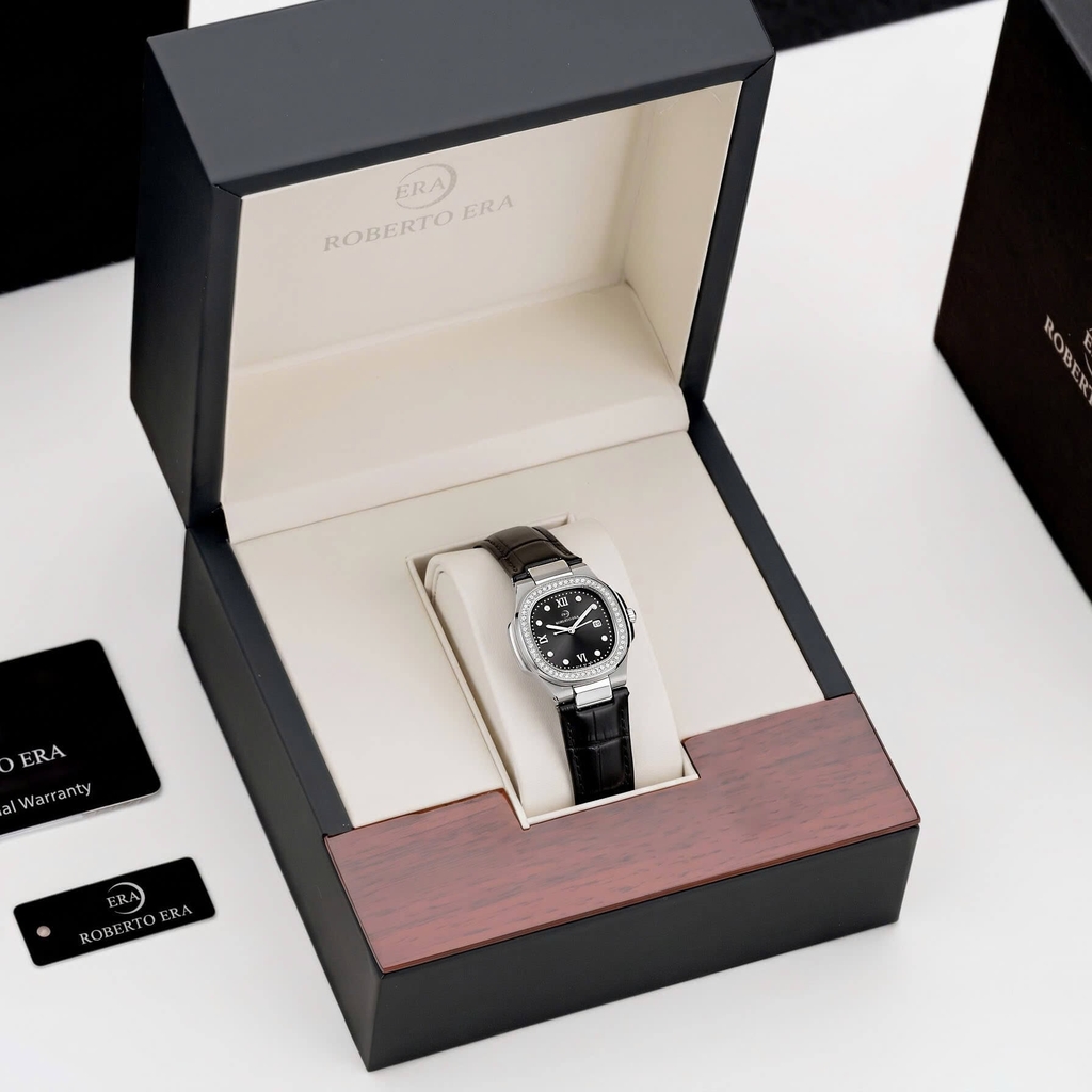 Đồng Hồ Nữ Roberto Era Chính Hãng Dây Da Đen Mặt Đen Vỏ Thép Silver Size 20x30mm RE150